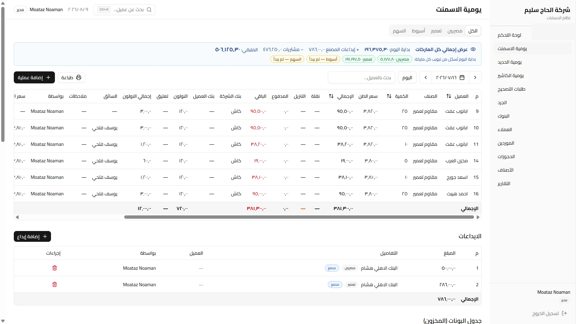 Daily cement sales sheet in Arabic